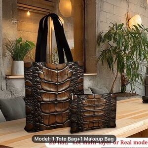 Brown Crocodile Pattern Tote and Makeup Bag Set